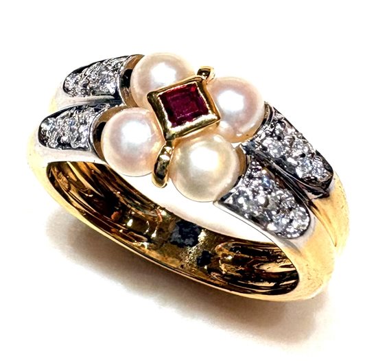 Ring Sommer Woman Collezione Perle in Gold Rubino 0.04 Ct RUB CT 0.04 DIA CT 0.15 PER - RUB CT 0.04 DIA CT 0.15 PER